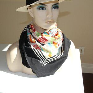 Chanel Black and Multi-Color Silk Scarf. This RARE Color-Authentic Original